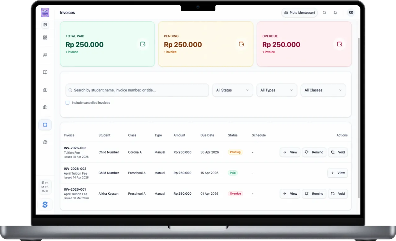 Panel billing dan verifikasi pembayaran Skolu